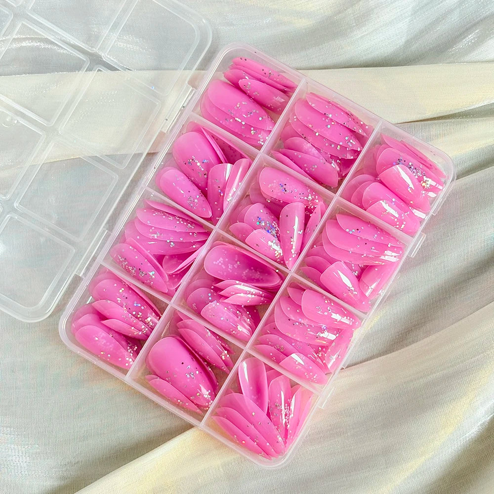 144Pcs Pink Cat Eye Press On False Nails Aurora Nude Color Ice Clear Fake Manicure Holographic Mirror Cat's Eye Wearable Nail