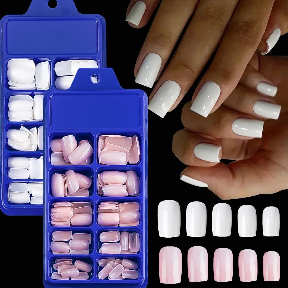 100Pcs Milk White Press On Nails Medium Square Gel False Nails Full Cover Reusable & Natural Acrylic Fake Nails Tips Fingernails