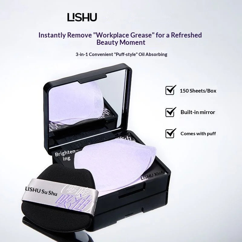 LISHU Oil Control Blotting Paper with Powder Puff, Face Powder Makeup Setting Sheets, Portable Touch Up Tool，150 Sheets