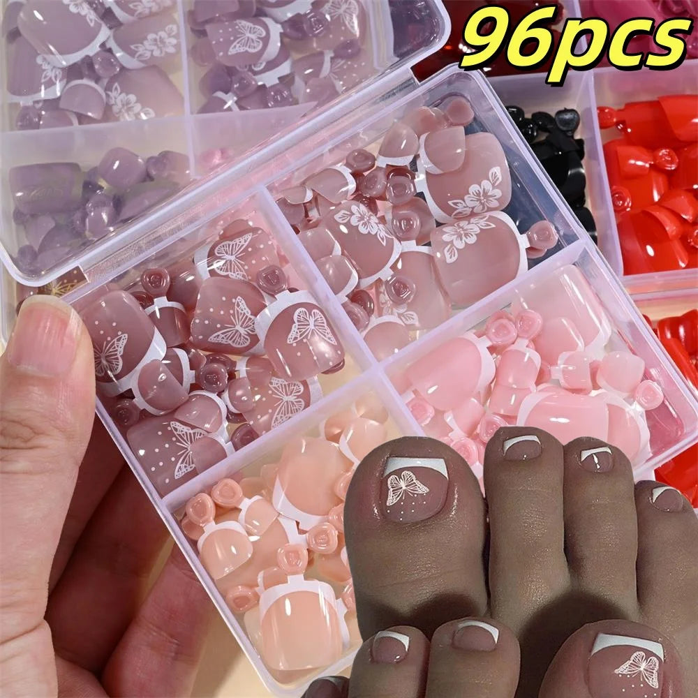 96pcs Short Square Toe Nails Butterfly/Flower French White Tip Fake Toenails Full Cover Fake Nail Set Cute Nail for Girls Gifts*