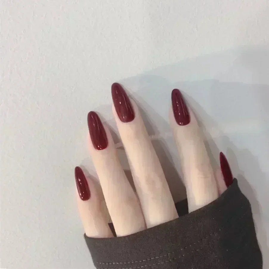 24pcs/Box Long Stiletto False Nails with Glue Red Nude Pink White MilkTea Color Jelly Nails Tips Full Cover Press on Nails