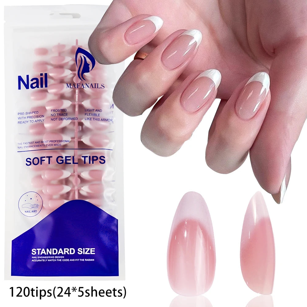 120Pcs Pink French False Nails Acrylic Almond Full Cover Fake Nails Women Wearable Press On Nails Artificial Stiletto Nail Tips