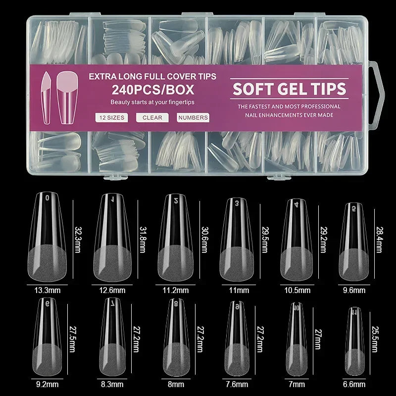 240/600Pcs Soft Gel False Nail Tips Short Square Coffin Almond Artificial Press On Nails Fake Extension X Capsule Manicure Tools