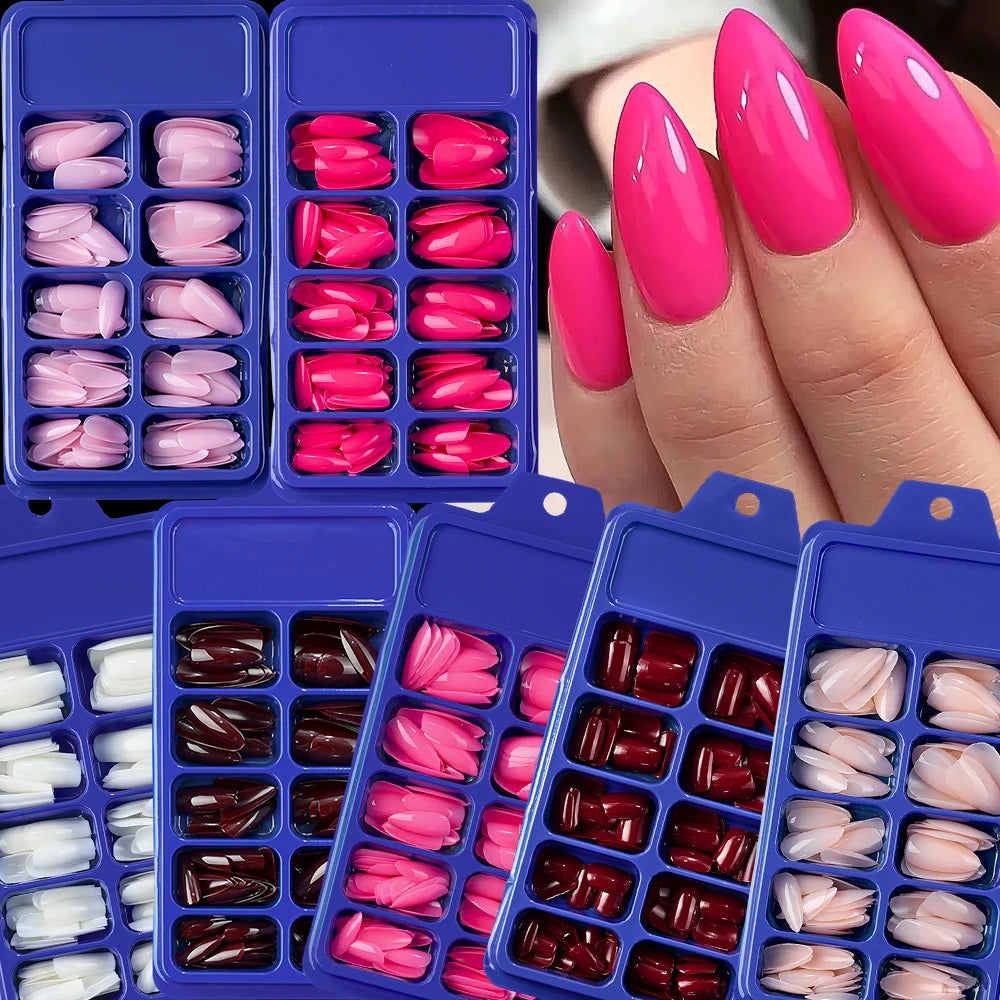 120pcs/Box Bright Gloss Pink False Nails Medium Almond Simple Solid Color Press On Nails Soft Gel Full Cover Wearable False Nail