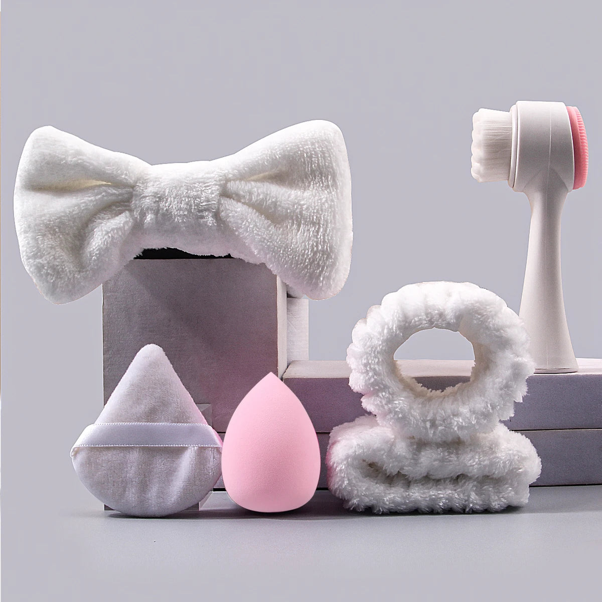 6PCS Super Practical makeup Powder puff Cleansing Set: Soft hair band, wrist band, face brush + Fine sponge egg powder puff
