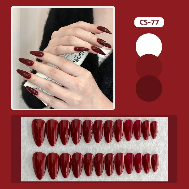 24pcs Wearable Wine Red artifiical Nails with glue Almond false nails with simple designs full cover ballet fake nails with glue