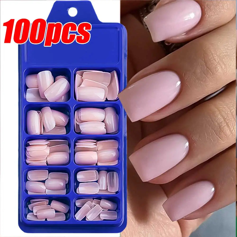 100Pcs Milk White Press On Nails Medium Square Gel False Nails Full Cover Reusable & Natural Acrylic Fake Nails Tips Fingernails