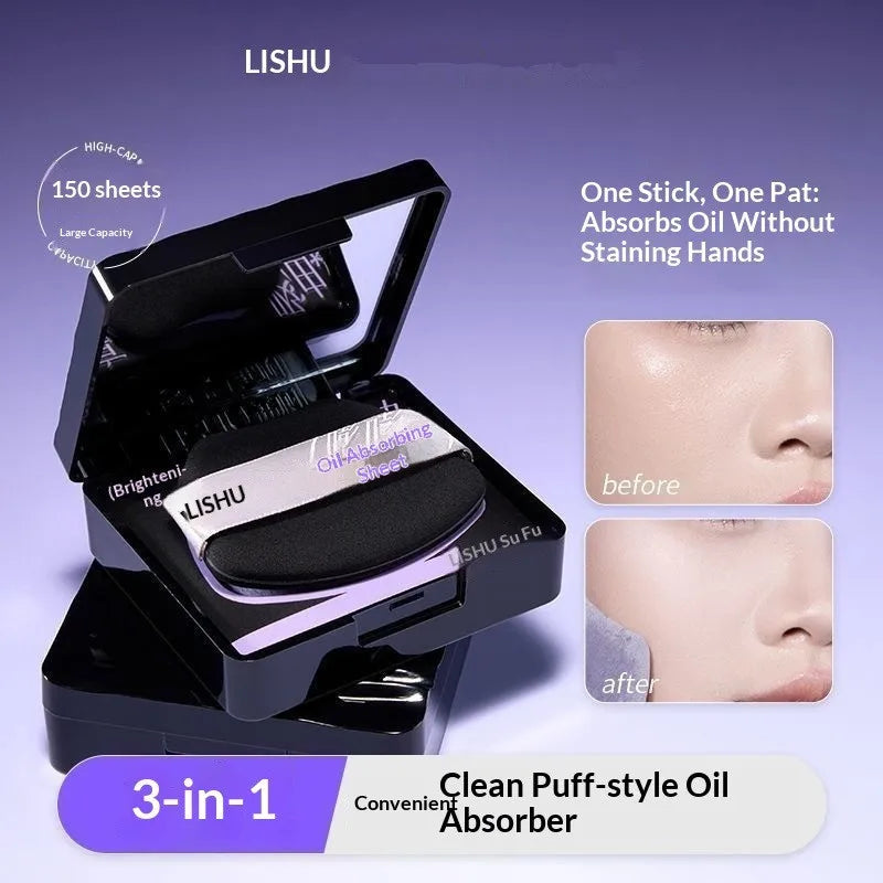 LISHU Oil Control Blotting Paper with Powder Puff, Face Powder Makeup Setting Sheets, Portable Touch Up Tool，150 Sheets