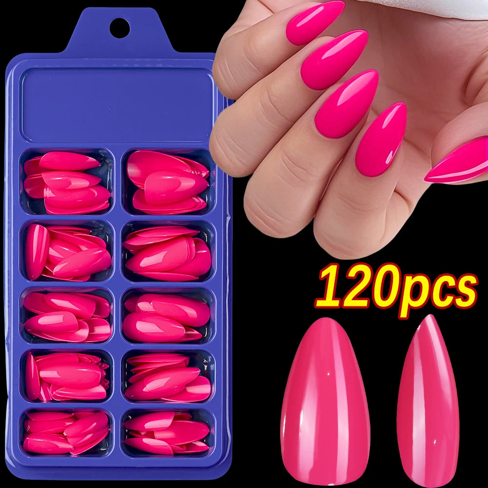 120pcs/Box Bright Gloss Pink False Nails Medium Almond Simple Solid Color Press On Nails Soft Gel Full Cover Wearable False Nail