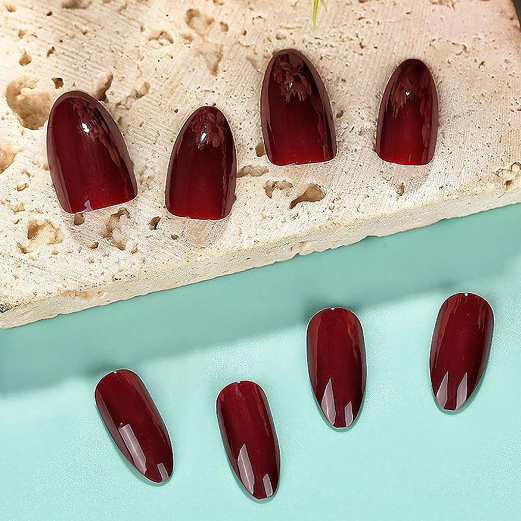 120Pcs Wine Red Almond Press On Nails Full Coverage Fake Nail Tip False Fingertips for Dating/Party Women Manicure Extension Tip