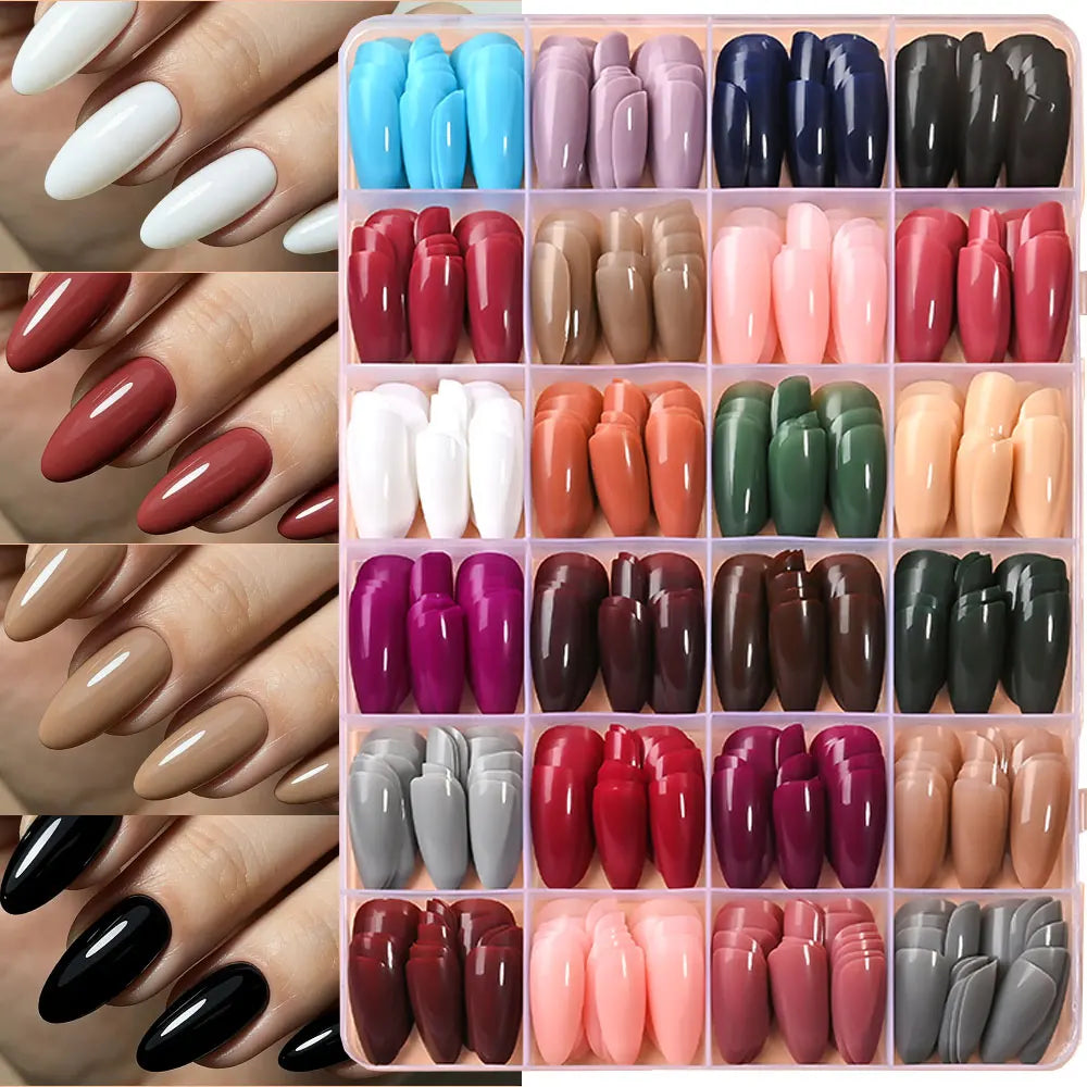 288pcs Glossy Red/Green/Blue/White Almond False Nails Medium Length Solid Color Full Cover Press On Nails Acrylic Fake Nails #R2