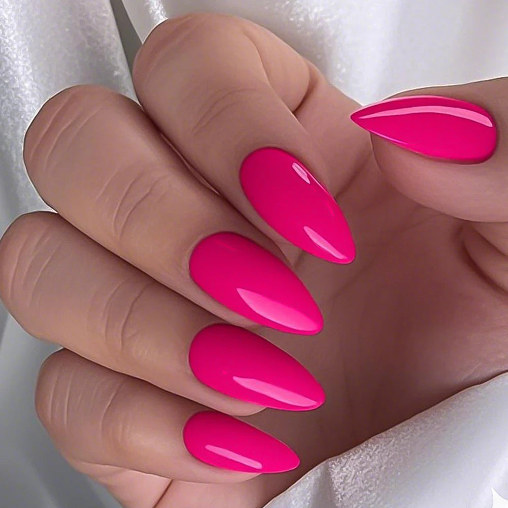 120pcs/Box Bright Gloss Pink False Nails Medium Almond Simple Solid Color Press On Nails Soft Gel Full Cover Wearable False Nail