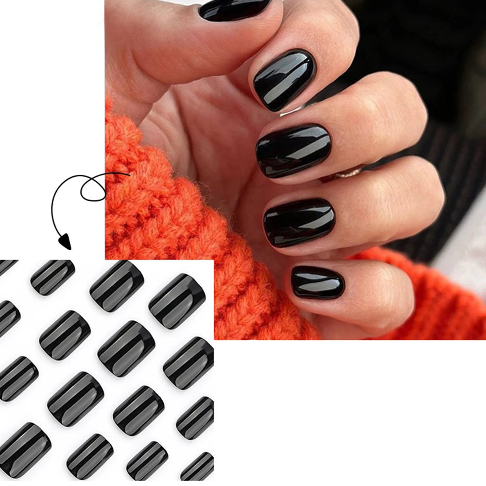 120pcs Black Short Square False Nails Long Glossy Full Cover Acrylic False Nails Artificial Pure Black Coffin Press On Nails