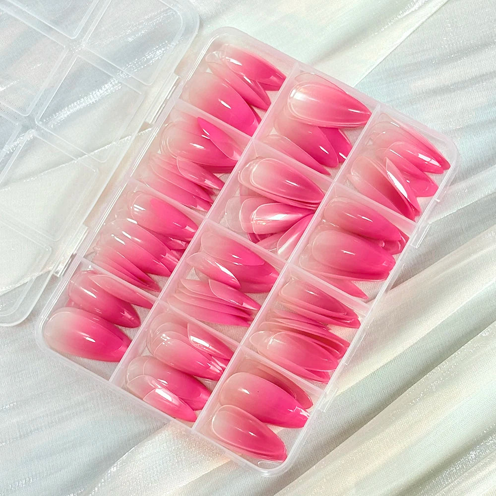 144Pcs Pink Cat Eye Press On False Nails Aurora Nude Color Ice Clear Fake Manicure Holographic Mirror Cat's Eye Wearable Nail