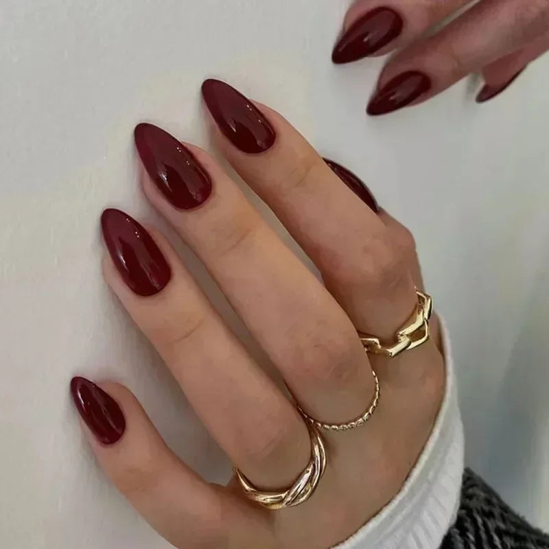 24pcs Wearable Wine Red artifiical Nails with glue Almond false nails with simple designs full cover ballet fake nails with glue