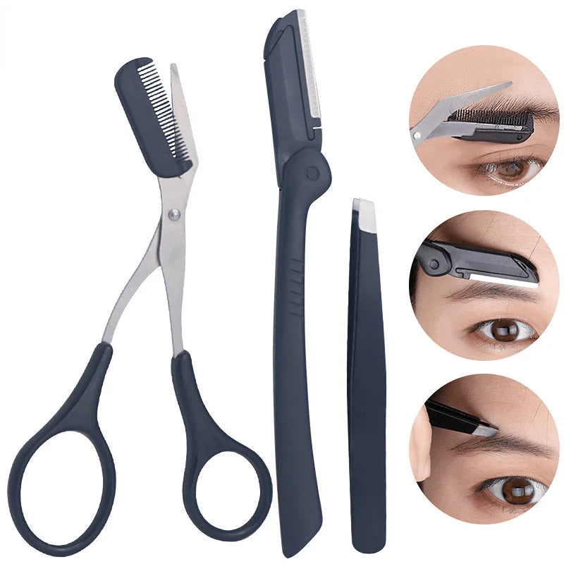 1/3pcs Eyebrow Trimming Tools Stainless Steel Eyebrow Tweezer Scissors with Comb  Razor Beauty Tool Set