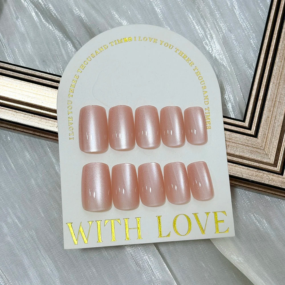144pcs Glossy Nude Pink Cateye Press On Nail Medium Square Shape Glittery Handmade Full Cover Acrylic False Nails Fake Nail Set