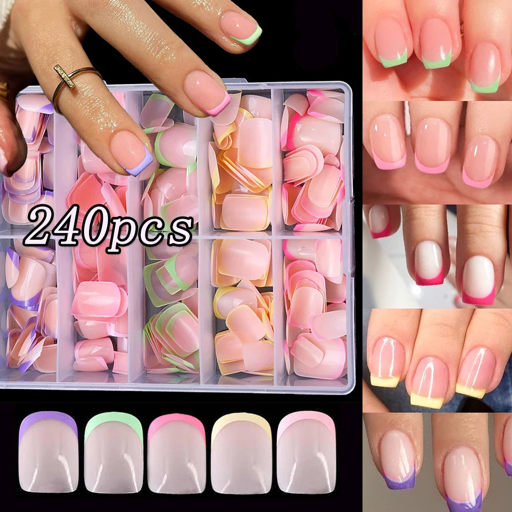 120/240Pcs Short Square Press On Nails Summer Colorful French Tip Fake Nails Extension Wearable Full Cover False Nails for Girls