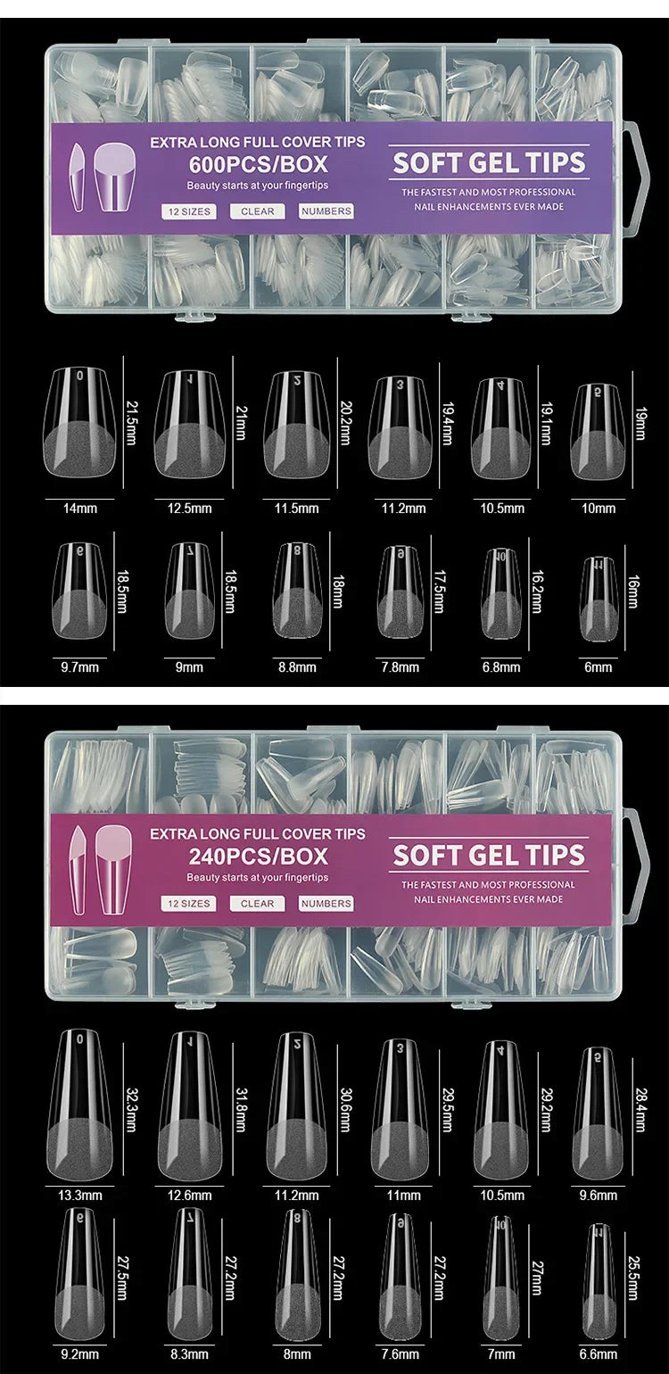 240/600Pcs Soft Gel False Nail Tips Short Square Coffin Almond Artificial Press On Nails Fake Extension X Capsule Manicure Tools
