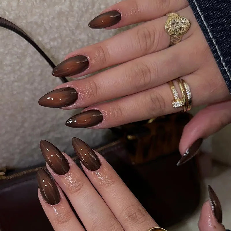 24pcs Wearable Wine Red artifiical Nails with glue Almond false nails with simple designs full cover ballet fake nails with glue