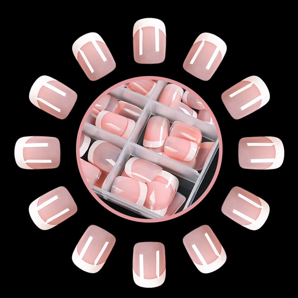 120pcs/Box Pink French Fake Nails Glossy French Short Square Design Full Cover False Nails Press On Nails Tips For Women Wedding