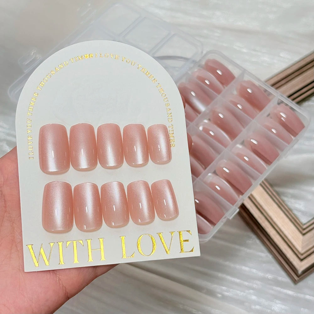 144Pcs Pink Cat Eye Press On False Nails Aurora Nude Color Ice Clear Fake Manicure Holographic Mirror Cat's Eye Wearable Nail