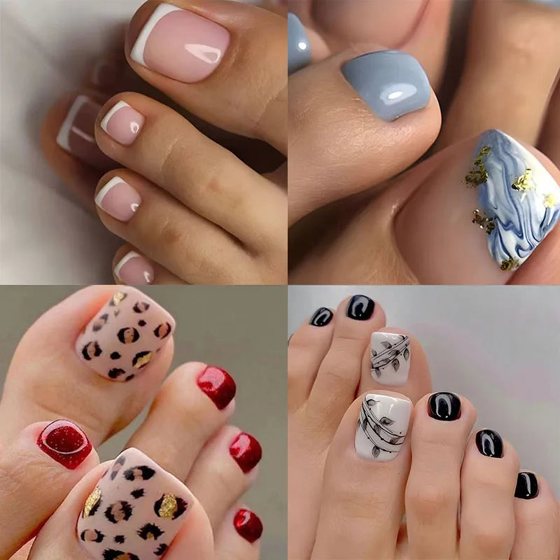 New 24 Pcs French Design Fake Toe False Nails on Legs False Nails Feet  Press on Toe Nails JZJCDJ02