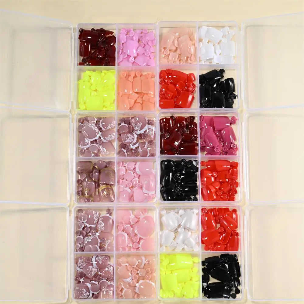 96pcs Short Square Toe Nails Butterfly/Flower French White Tip Fake Toenails Full Cover Fake Nail Set Cute Nail for Girls Gifts*