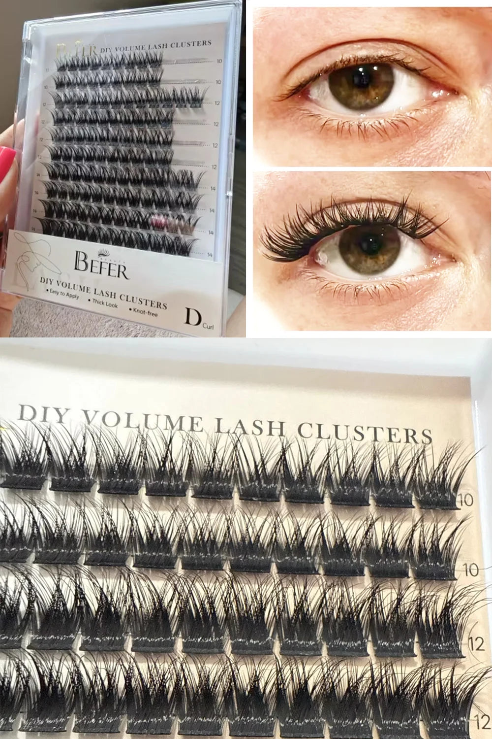 BEFER Cluster Lashes D Curl DIY Eyeslash Extension Lash Cluster Fluffy Volume Individual Natural False Eyelashes Clusters