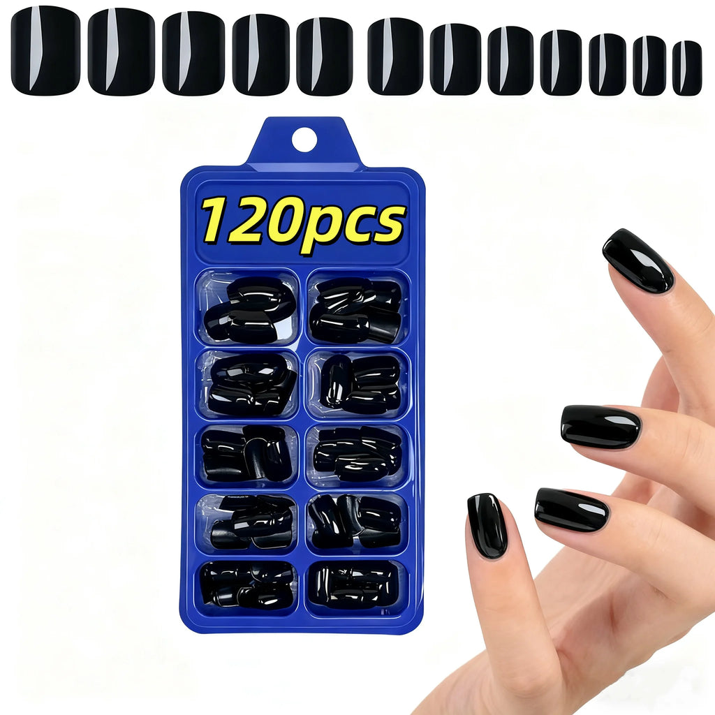 120pcs Solid Color Black Glossy Fake Nails Short Square Pressed Gel Nails Full Cover False Nails Acrylic DIY Artificial Nail Kit