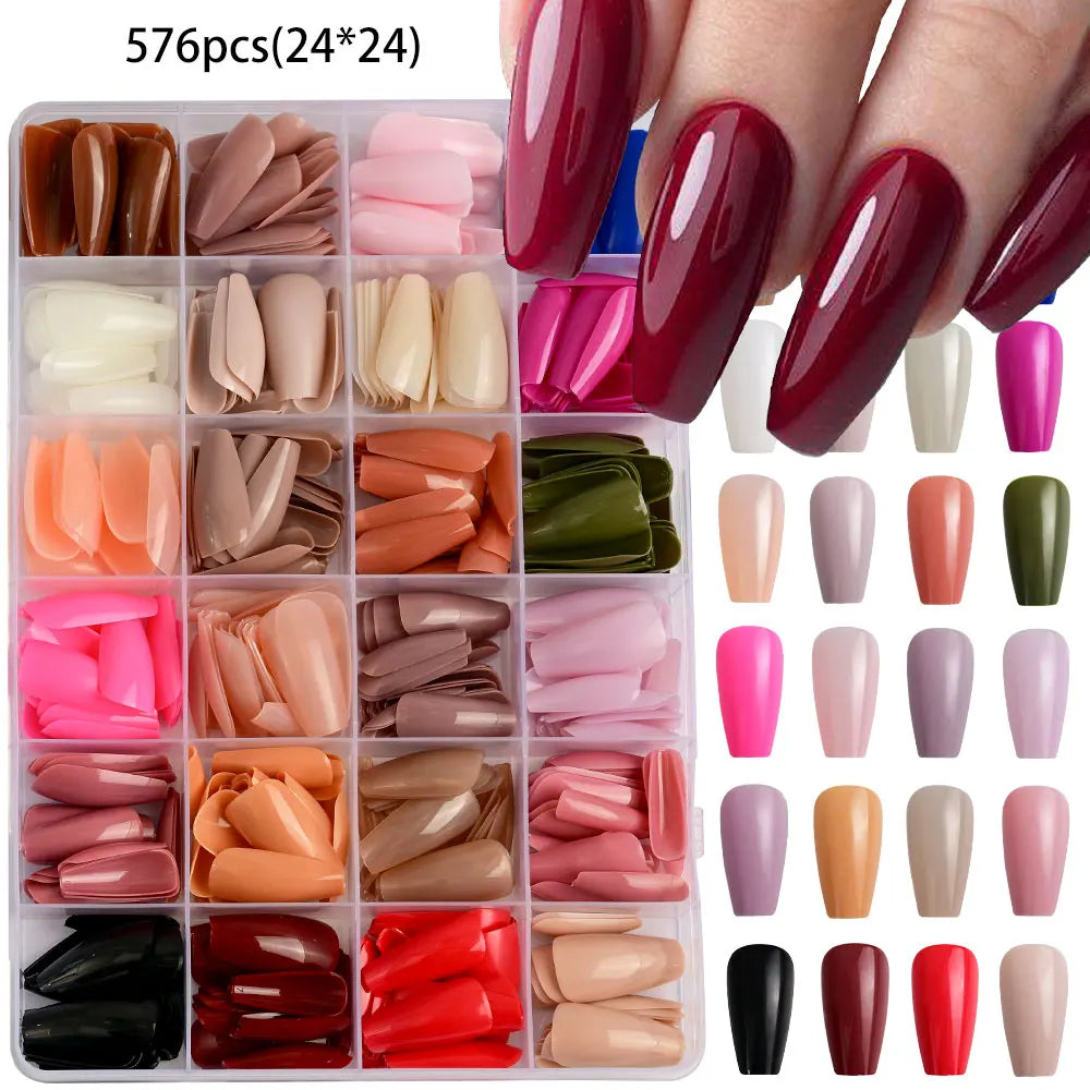 576pcs 24-Colors Short Round Square Press-On Nails Full Cover Glossy Pure Color False Nail Tips Artificial Wearable False Nails