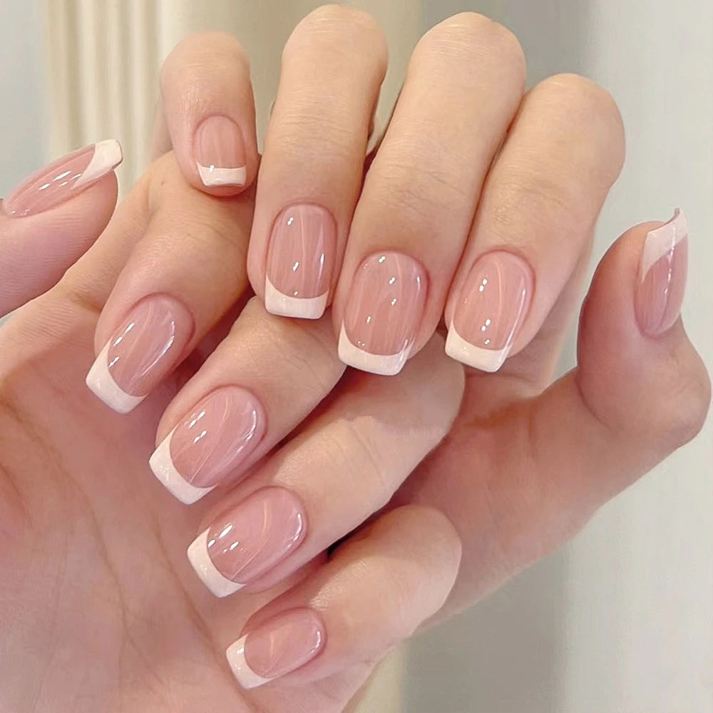 120pcs/Box Pink French Fake Nails Glossy French Short Square Design Full Cover False Nails Press On Nails Tips For Women Wedding