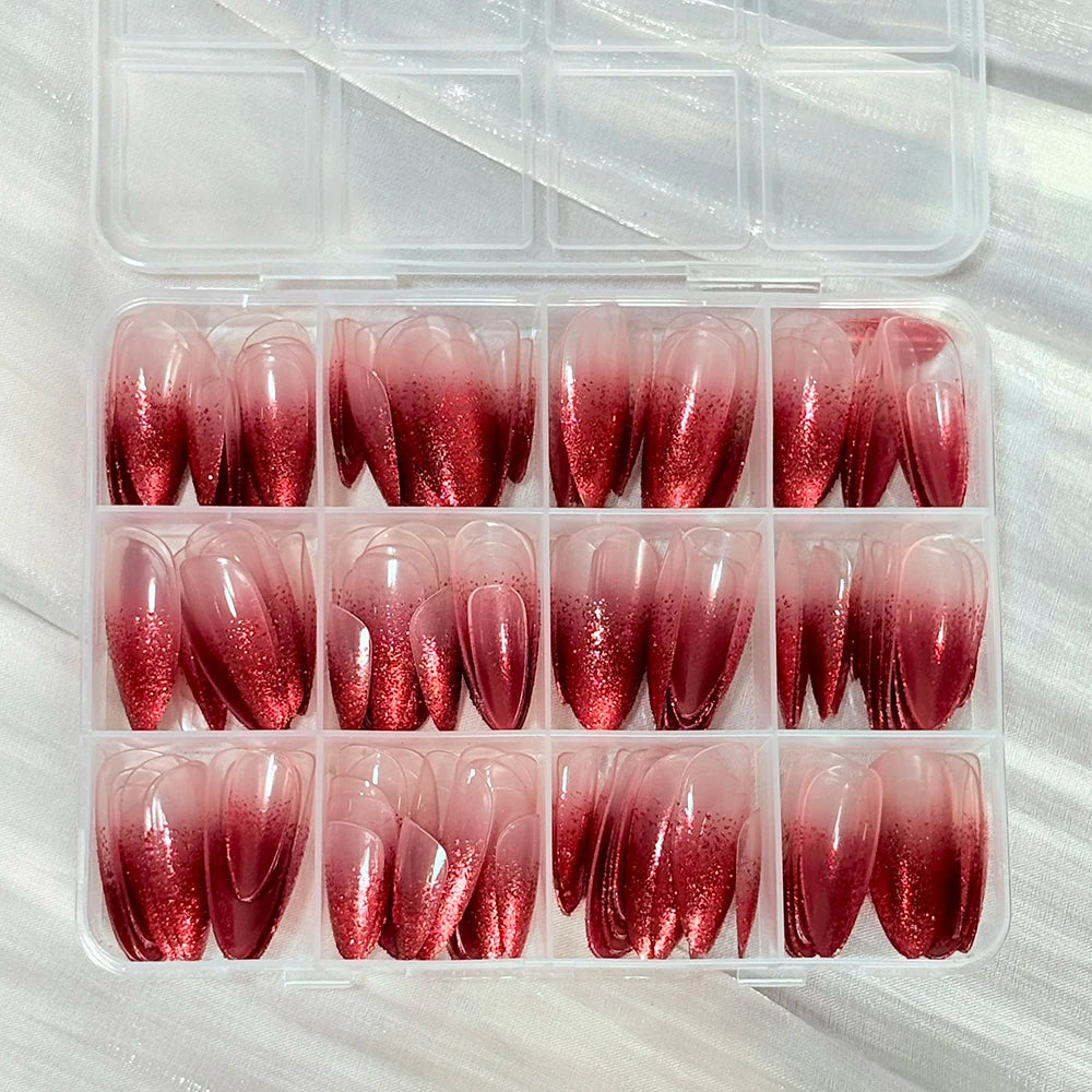 144Pcs Pink Cat Eye Press On False Nails Aurora Nude Color Ice Clear Fake Manicure Holographic Mirror Cat's Eye Wearable Nail