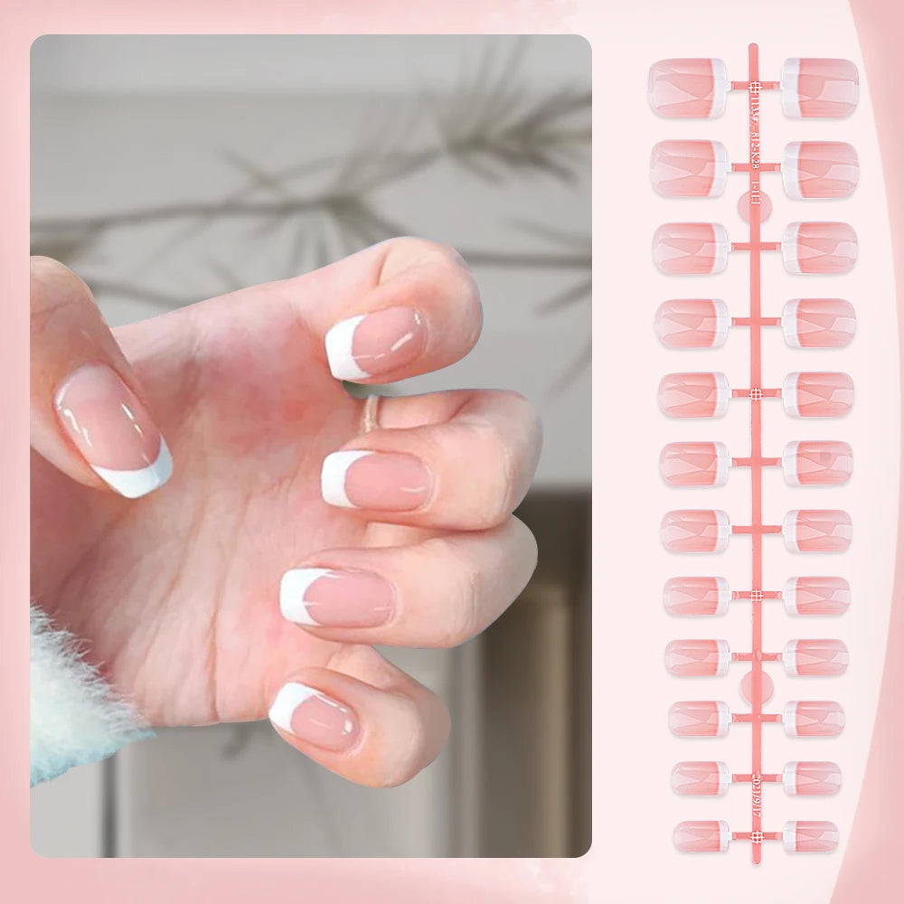 120Pcs Nude Pink Short Square French Fake Nails Full Cover White French Press on Nails Acrylic Glossy Wearable Women False Nails