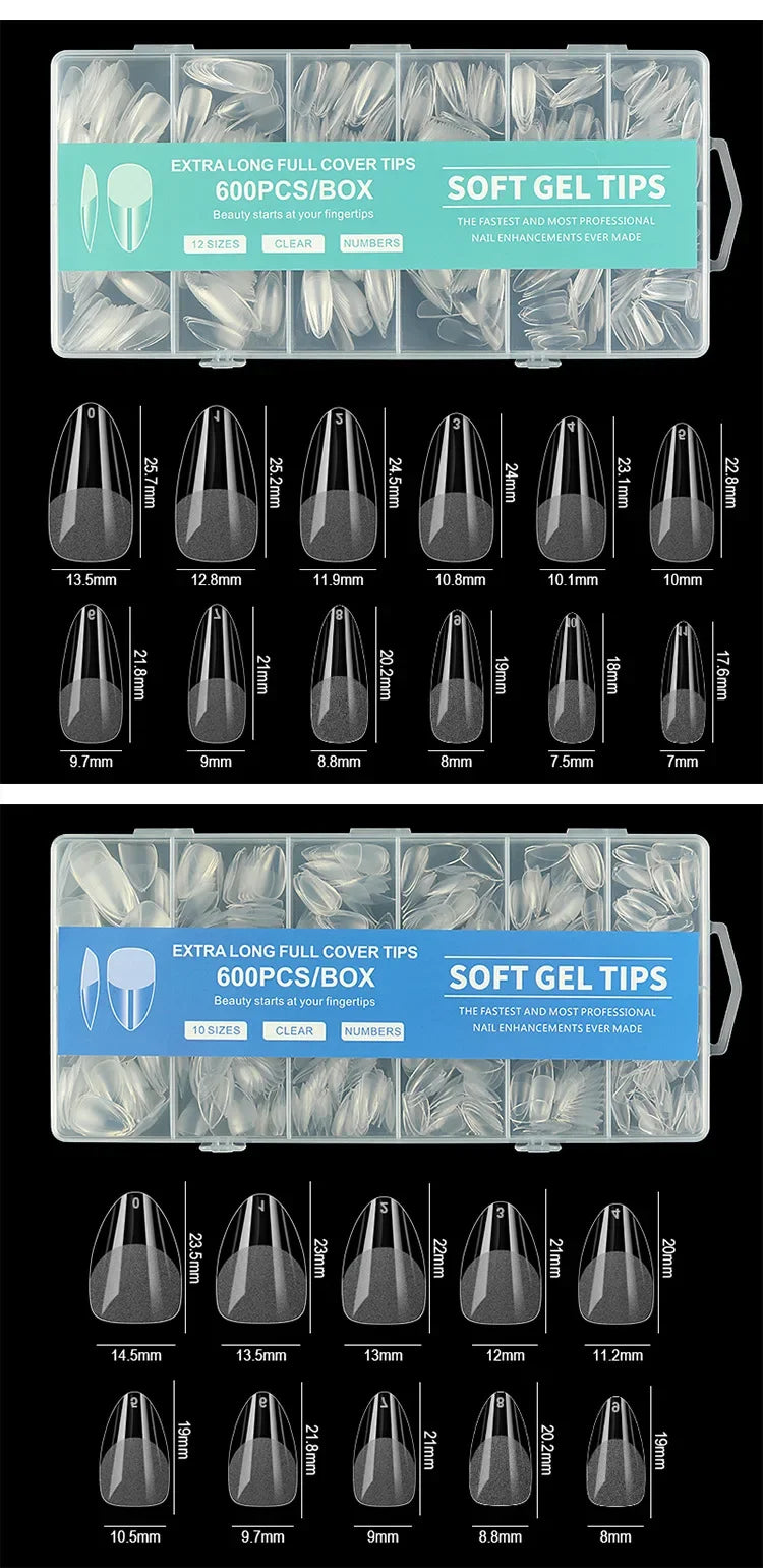 240/600Pcs Soft Gel False Nail Tips Short Square Coffin Almond Artificial Press On Nails Fake Extension X Capsule Manicure Tools