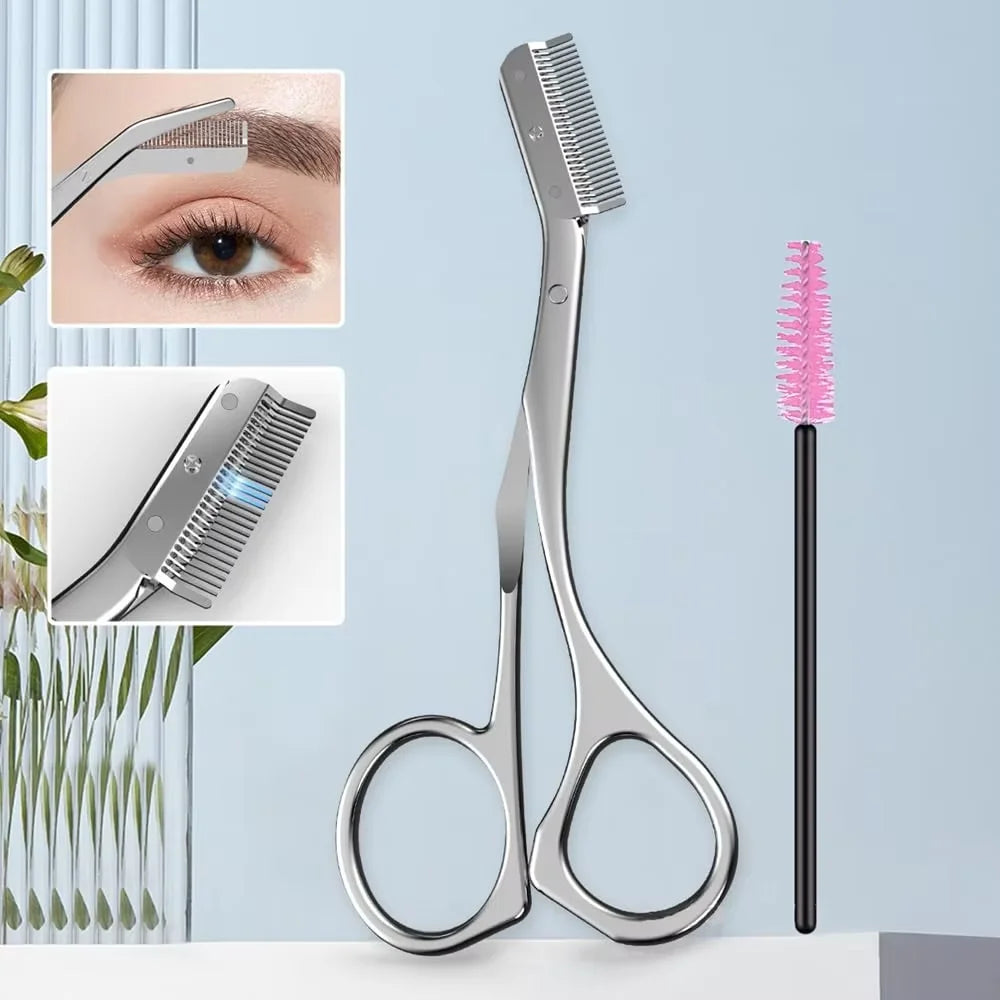 Stainless Steel Eyebrow Trimmer Scissors & Comb Set - Precision Grooming Tool for Men and Women - Effortless Hair Removal