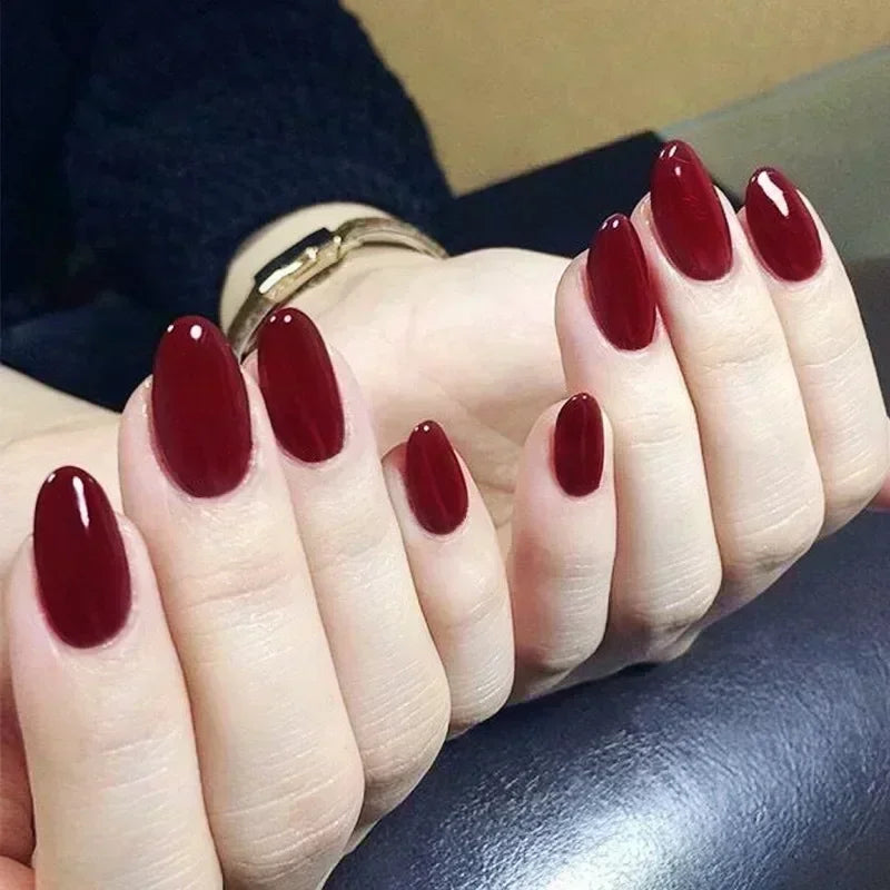 24pcs/Box Long Stiletto False Nails with Glue Red Nude Pink White MilkTea Color Jelly Nails Tips Full Cover Press on Nails