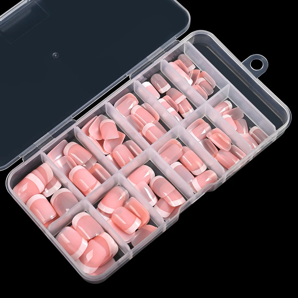120pcs/Box Pink French Fake Nails Glossy French Short Square Design Full Cover False Nails Press On Nails Tips For Women Wedding