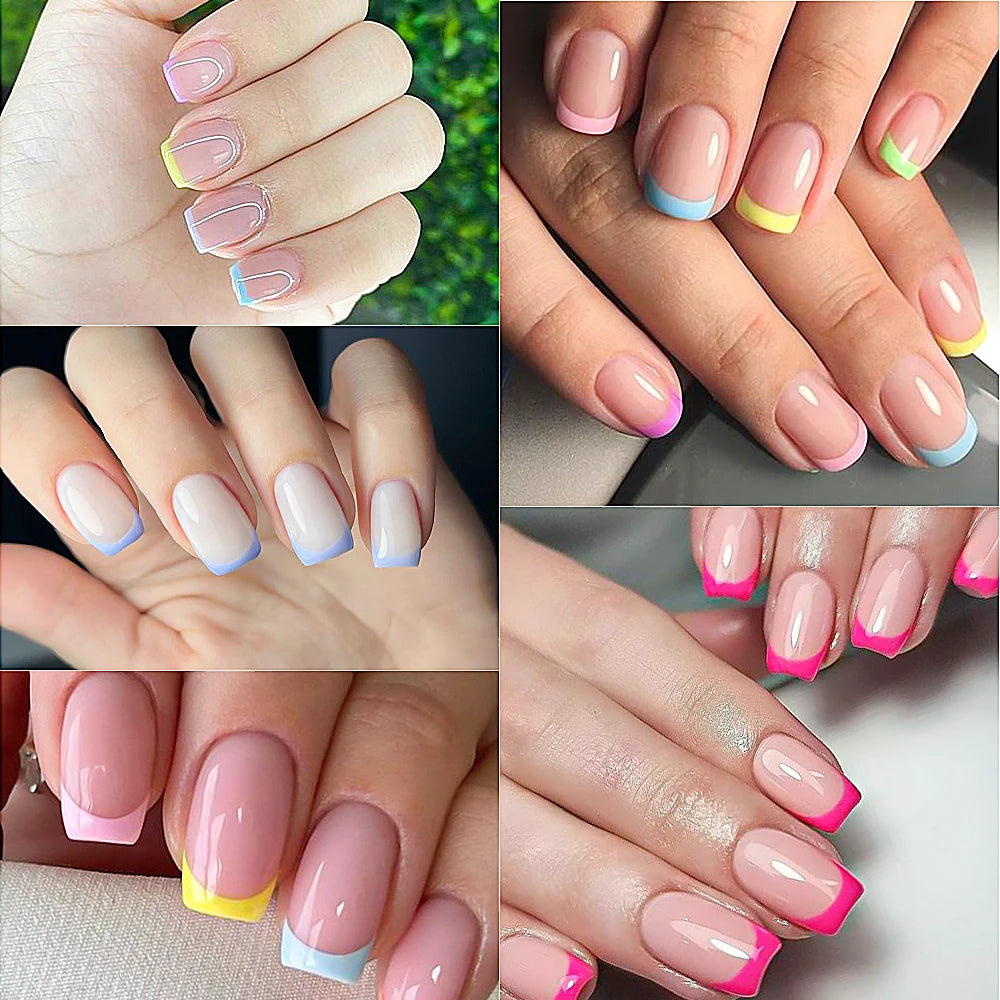 120/240Pcs Short Square Press On Nails Summer Colorful French Tip Fake Nails Extension Wearable Full Cover False Nails for Girls