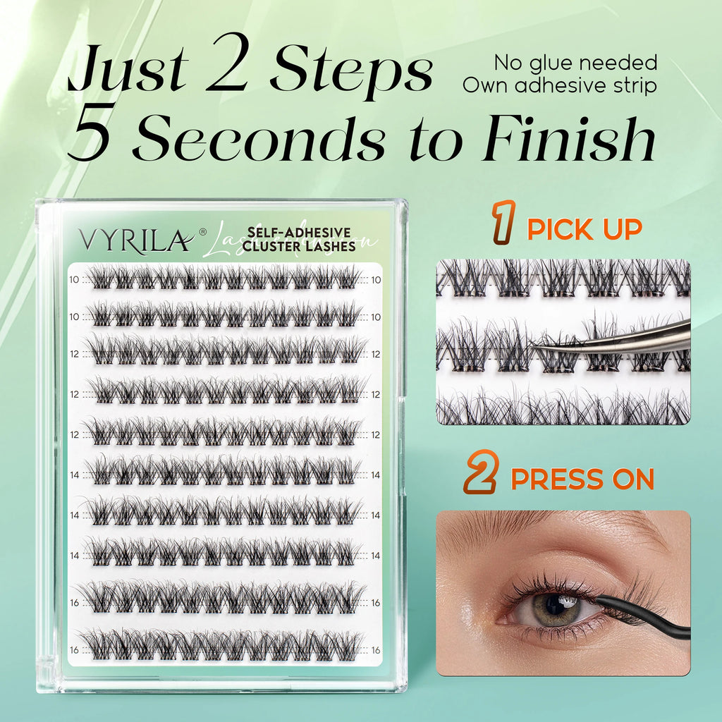 VYRILA Self Adhesive Eyelashes No Glue Needed Lashes 10‑16mm Pre Glued Cluster Lashes D Curl Soft Natural Press on Lashes