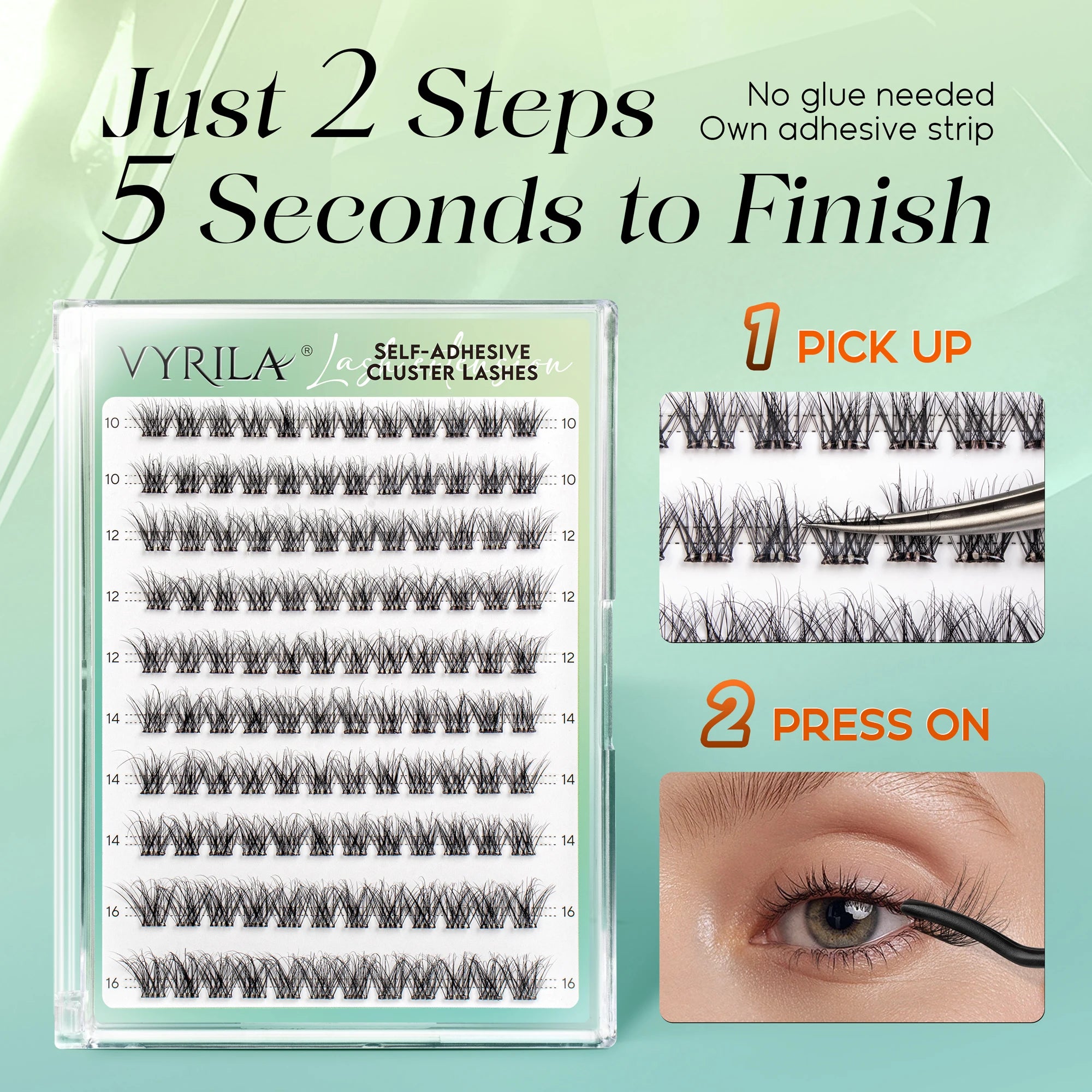 VYRILA Self Adhesive Eyelashes No Glue Needed Lashes 10‑16mm Pre Glued Cluster Lashes D Curl Soft Natural Press on Lashes
