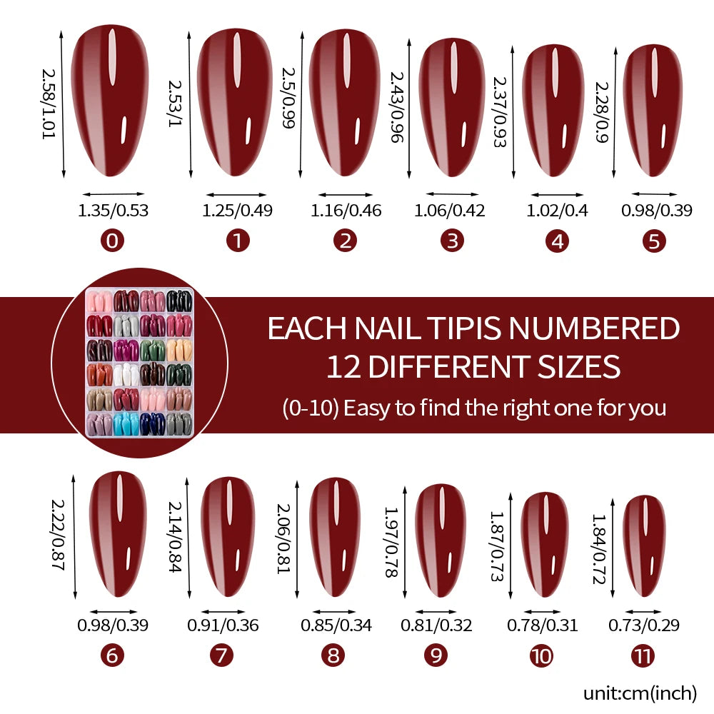 288pcs Glossy Red/Green/Blue/White Almond False Nails Medium Length Solid Color Full Cover Press On Nails Acrylic Fake Nails #R2