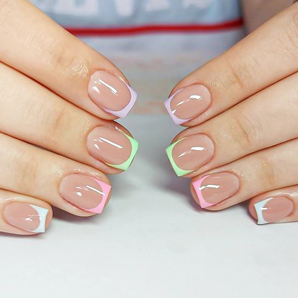 120/240Pcs Short Square Press On Nails Summer Colorful French Tip Fake Nails Extension Wearable Full Cover False Nails for Girls