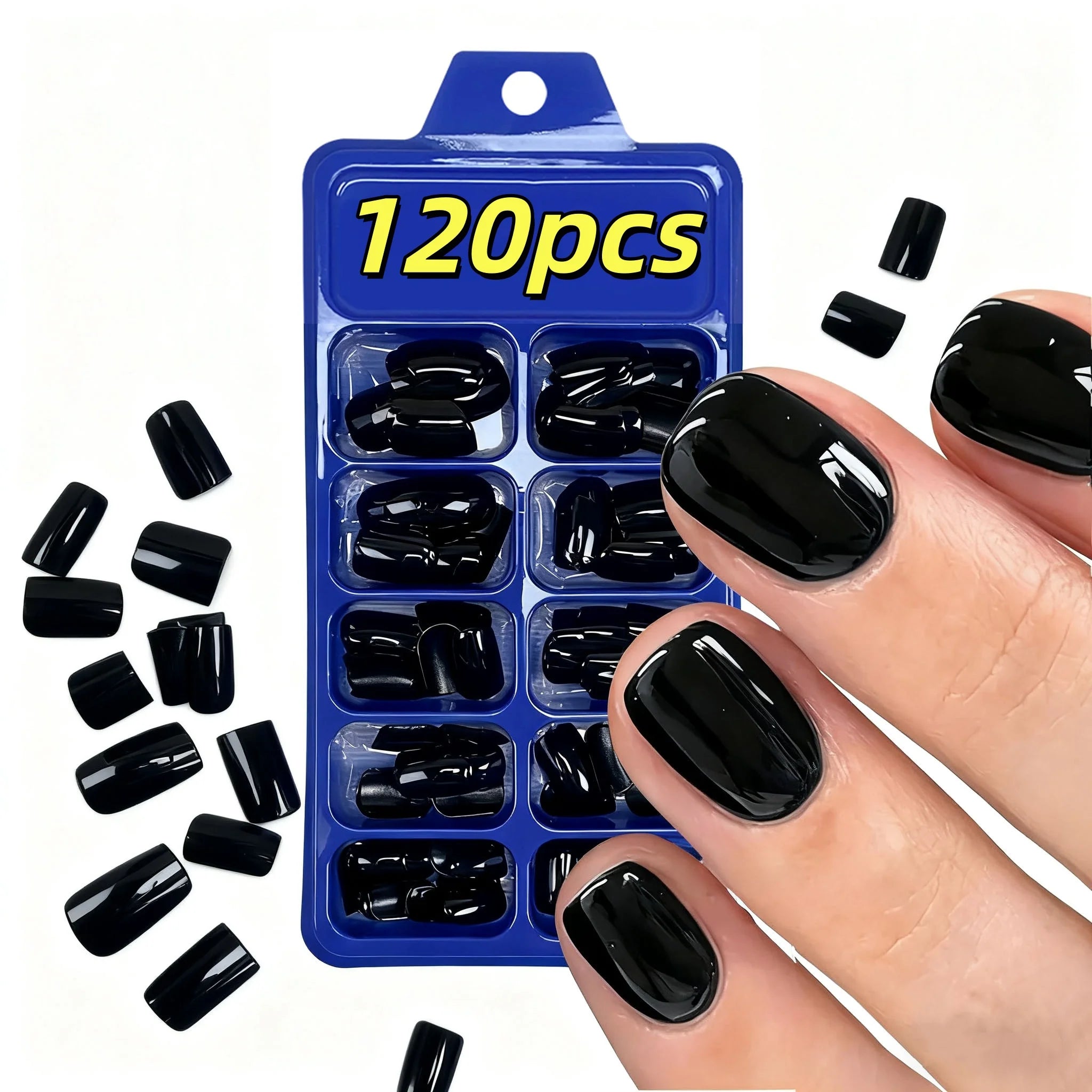120pcs Solid Color Black Glossy Fake Nails Short Square Pressed Gel Nails Full Cover False Nails Acrylic DIY Artificial Nail Kit