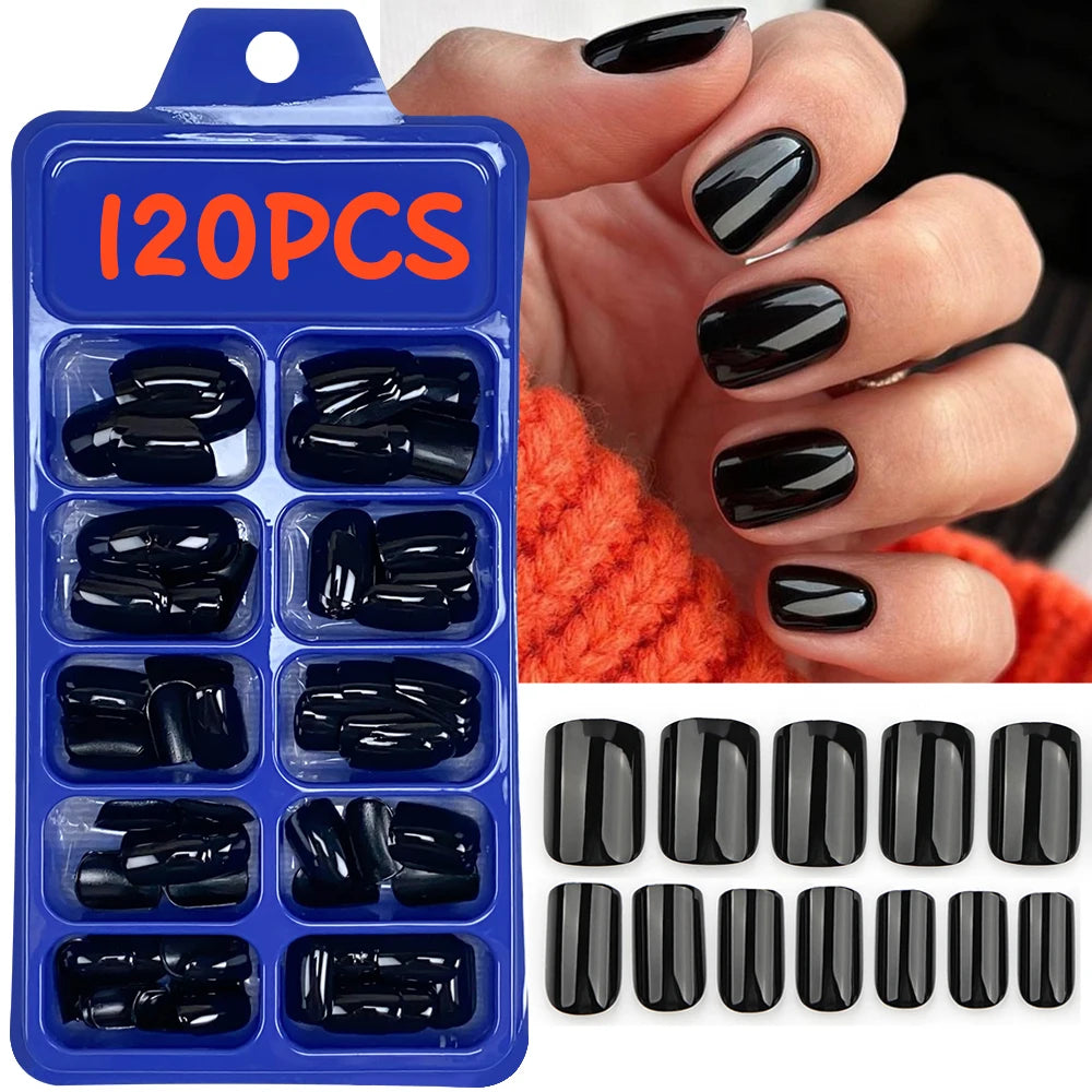 120pcs Black Short Square False Nails Long Glossy Full Cover Acrylic False Nails Artificial Pure Black Coffin Press On Nails