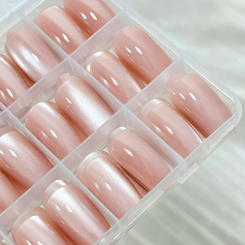 144pcs Glossy Nude Pink Cateye Press On Nail Medium Square Shape Glittery Handmade Full Cover Acrylic False Nails Fake Nail Set