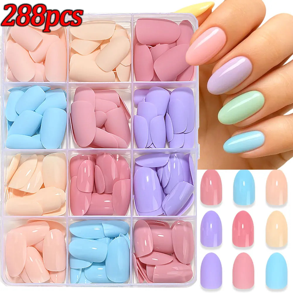 288pcs Glossy Red/Green/Blue/White Almond False Nails Medium Length Solid Color Full Cover Press On Nails Acrylic Fake Nails #R2