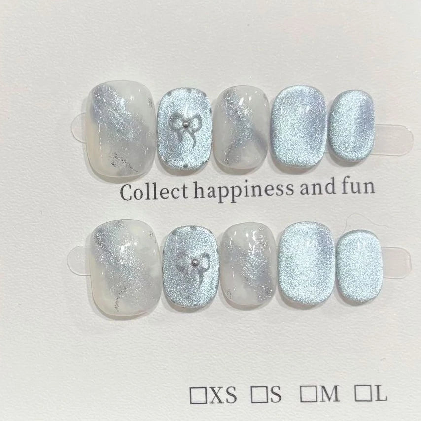 10Pcs Blue Cat Eye Handmade Press on Nails Bow Fake Nails Summer Wearable Stick-on Nails Full Cover False Nail Накладные Ногти