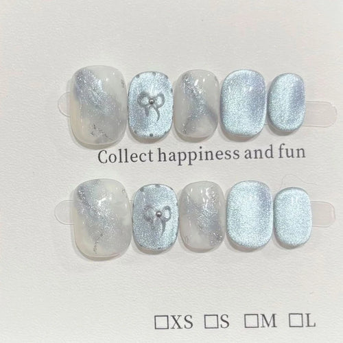 10Pcs Blue Cat Eye Handmade Press on Nails Bow Fake Nails Summer Wearable Stick-on Nails Full Cover False Nail Накладные Ногти
