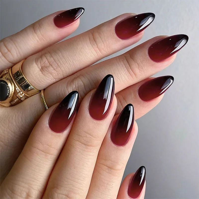 24pcs Wearable Wine Red artifiical Nails with glue Almond false nails with simple designs full cover ballet fake nails with glue